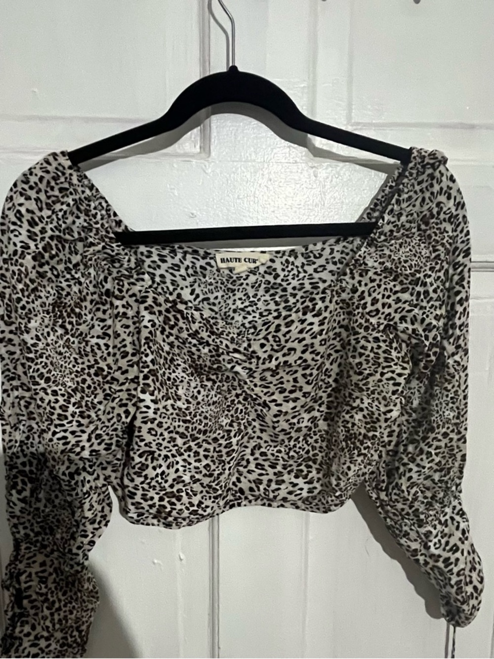 Cream & Black Leopard Crop Top with Puff Sleeves